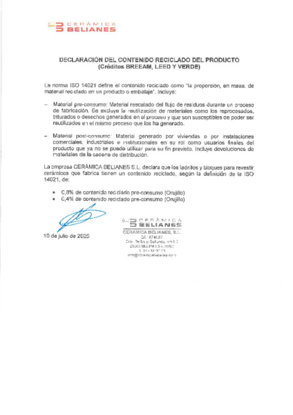 Declaración del contenido reciclado del producto