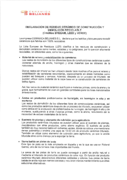 Declaración de residuo cerámico de construcción y demolición reciclable