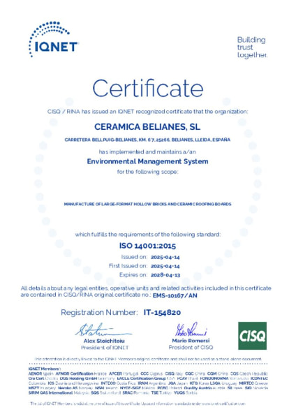 Certificado IQNET ISO 14001 Certificado IQNET ISO 14001