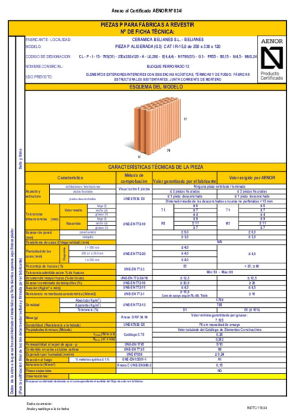 Certificado AENOR Bloque Perforado 12