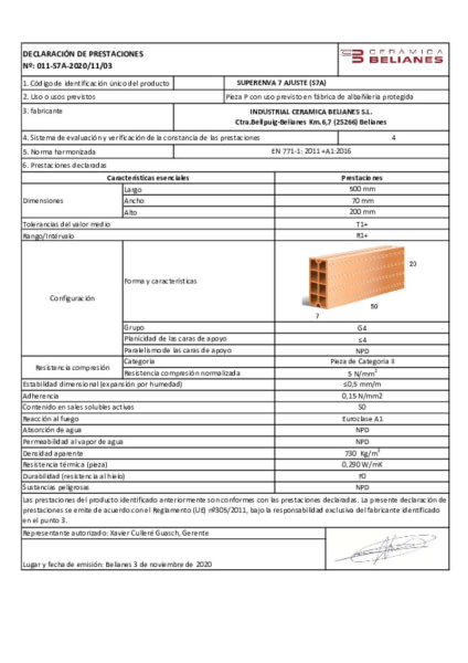 Declaración de Prestaciones Superenvà ® 7A