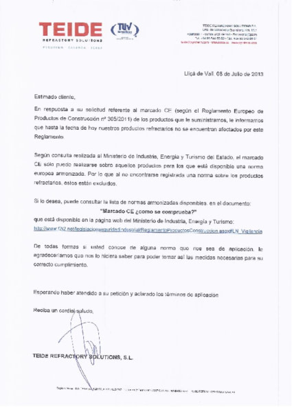 Carta explicativa producto exento MARCADO CE