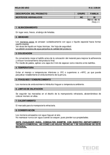 Hoja de uso Mortero MH 940