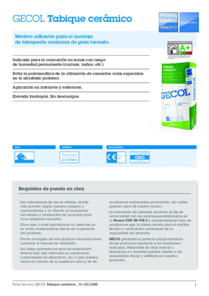 Hoja técnica mortero adhesivo Superbrick