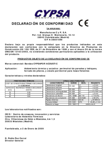 Declaración de prestaciones bandas Cypsa