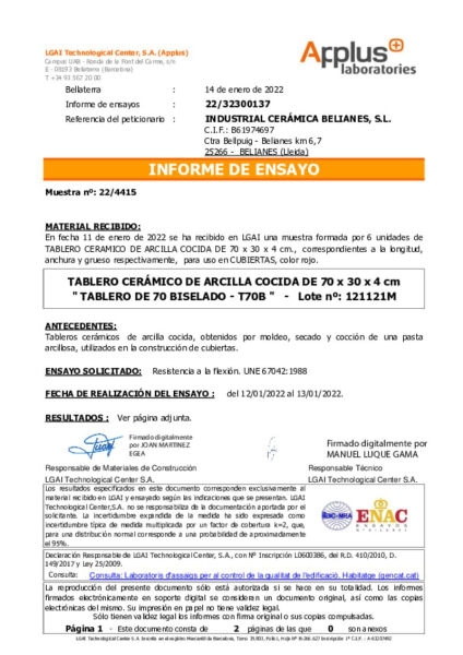 Ensayos laboratorio Tablero 70