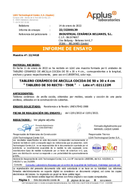 Ensayos laboratorio Tablero 50