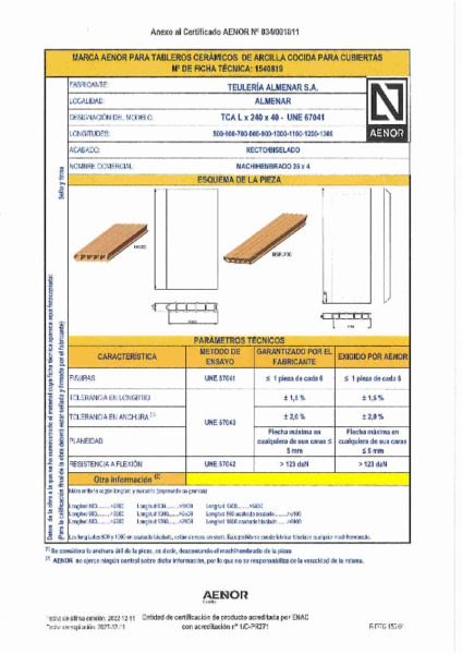Certificado AENOR tablero machihembrado 70