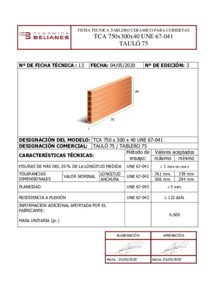 Ficha técnica Tablero 75