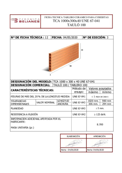 Ficha técnica Tablero 100