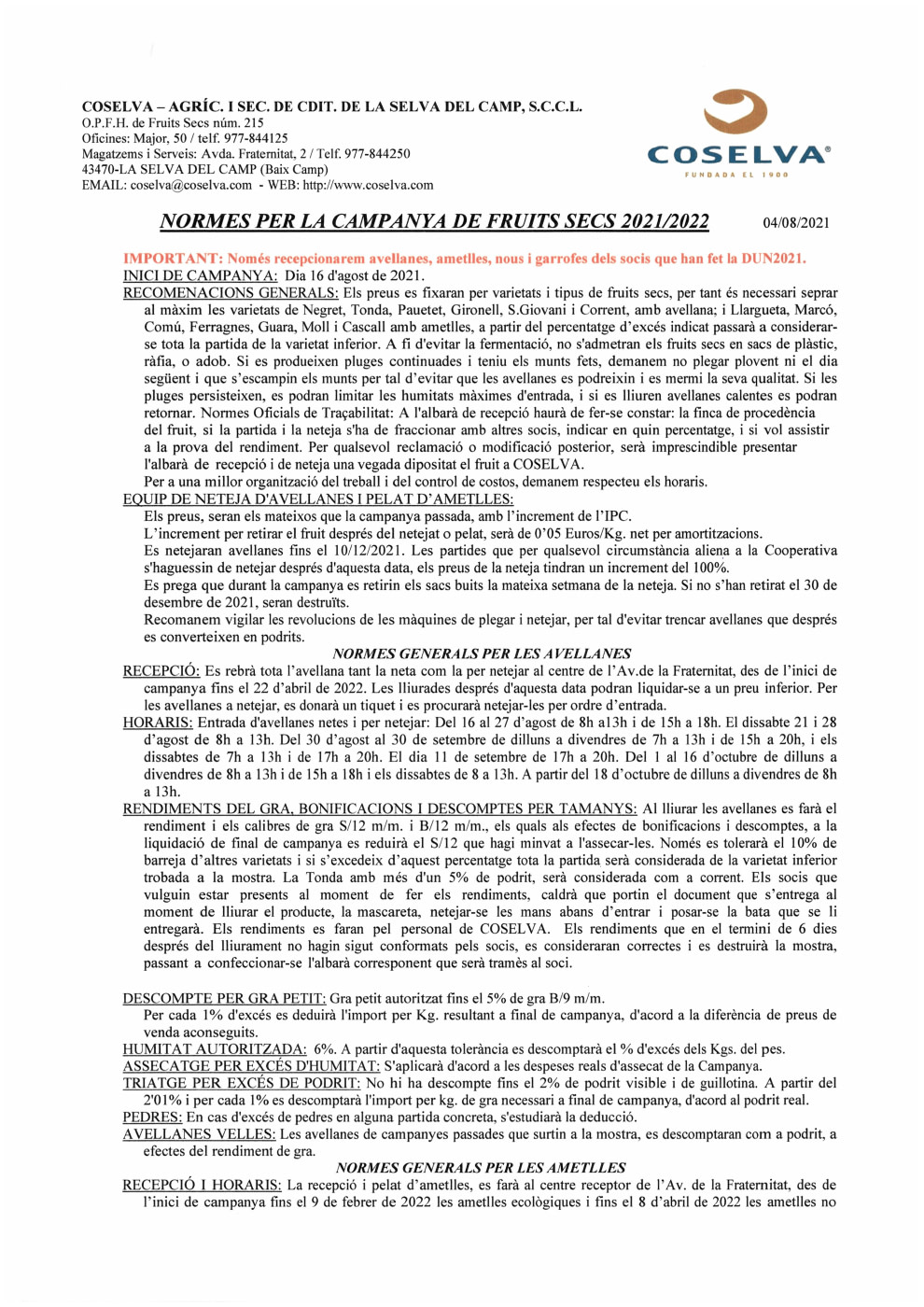 NORMES DE CAMPANYA DE FRUITS SECS 2021/2022