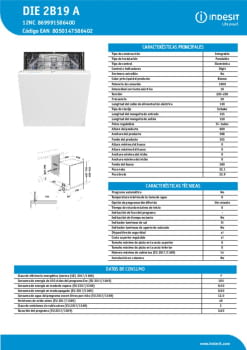 Ficha técnica INDESIT DIE 2B19 A