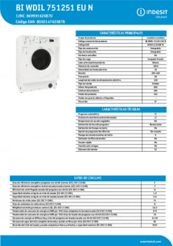 Lavadora secadora integrable Indesit 7 kg / 1.200 rpm - BI WDIL 751251
