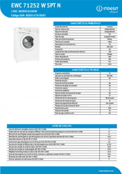 Lavadora Indesit EWC 71252 W SPT N 1000 rpm Blanco 59,5 cm 1200 rpm 7 kg :  238.37: : Grandes electrodomésticos