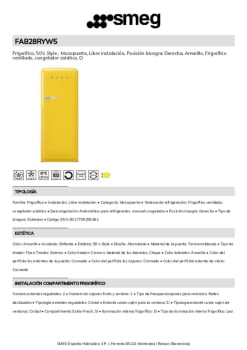 Fitxa tècnica SMEG FAB28RYW5 Fitxa tècnica SMEG FAB28RYW5