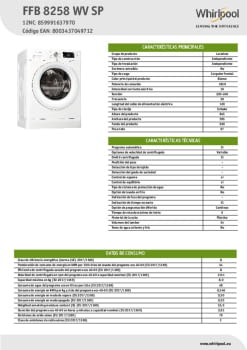 Whirlpool FFB 8258 WV SP Lavadora Carga Frontal 8Kg B Blanco