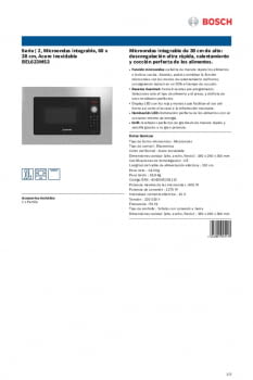 Bosch BEL623MS3 - Horno Microondas Integrable 20 Litros Con Grill Inox