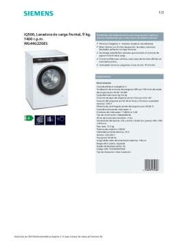 Comprar Lavadora Siemens 9 kg / 1.400 rpm,Motor iQdrive - WG44G2Z0ES ·  Hipercor