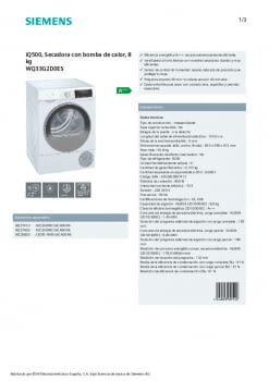 Siemens WQ33G2D0ES - Secadora bomba de calor A+++ 8 kg Blanco