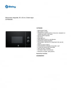 BALAY Microondas integrable 3CP5002N2, Integrable, Sin Grill, Negro, Menos  de 21 litros