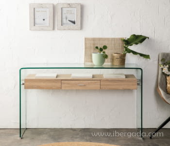 Consola Cristal/Madera con Cajón (125x40x76)