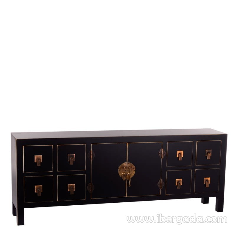 Mueble TV Oriente Negro/Oro 8 cajones 2 puertas (130x24x50)-1