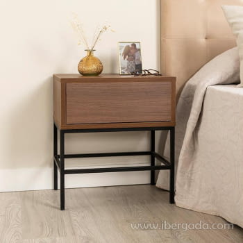 Mesita 1 Cajón Push Nogal/Hierro (48x33x55)