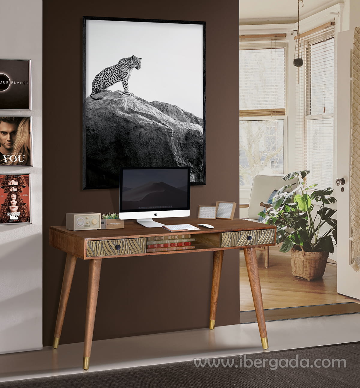Escritorio Savana Madera/Bronce 2 Cajones 1 Hueco (130x50x76)-1