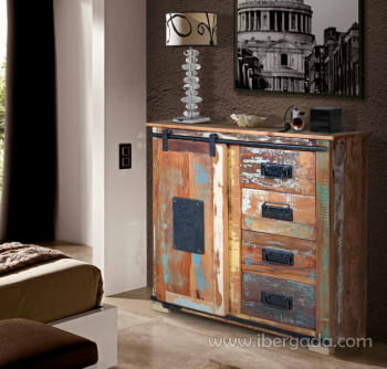 Comoda Madera/Metal 1 Puerta 4 Cajones (80x38x81)