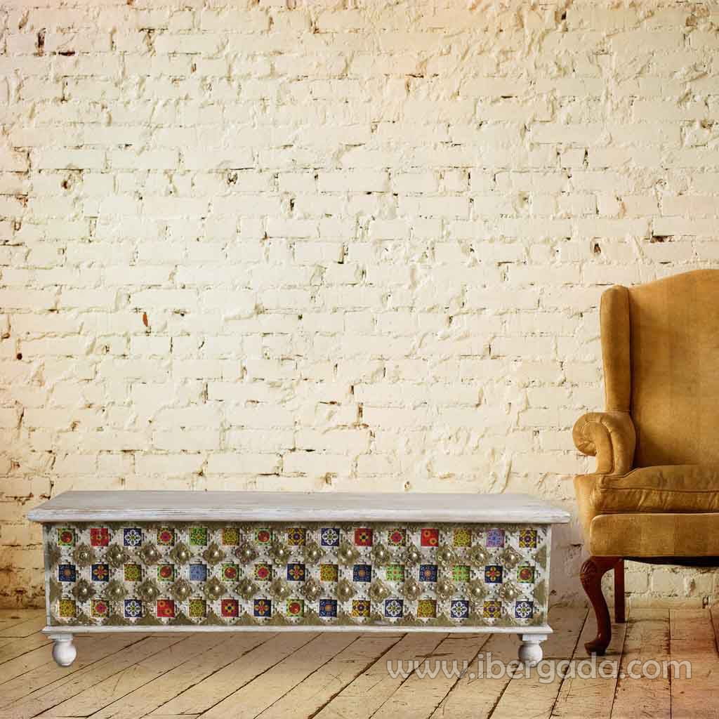 Baúl Madera Blanco con Azulejos (146x40x45)-2