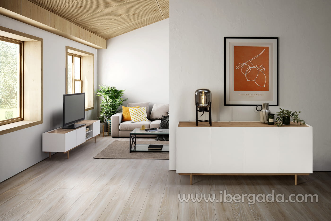 Muebles salon moderno Argos blanco mate y naturale (mesa  tv+aparador+estanteria)