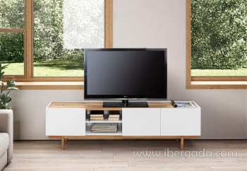 Mueble TV estrecho taupe y madera 130x24x50cm