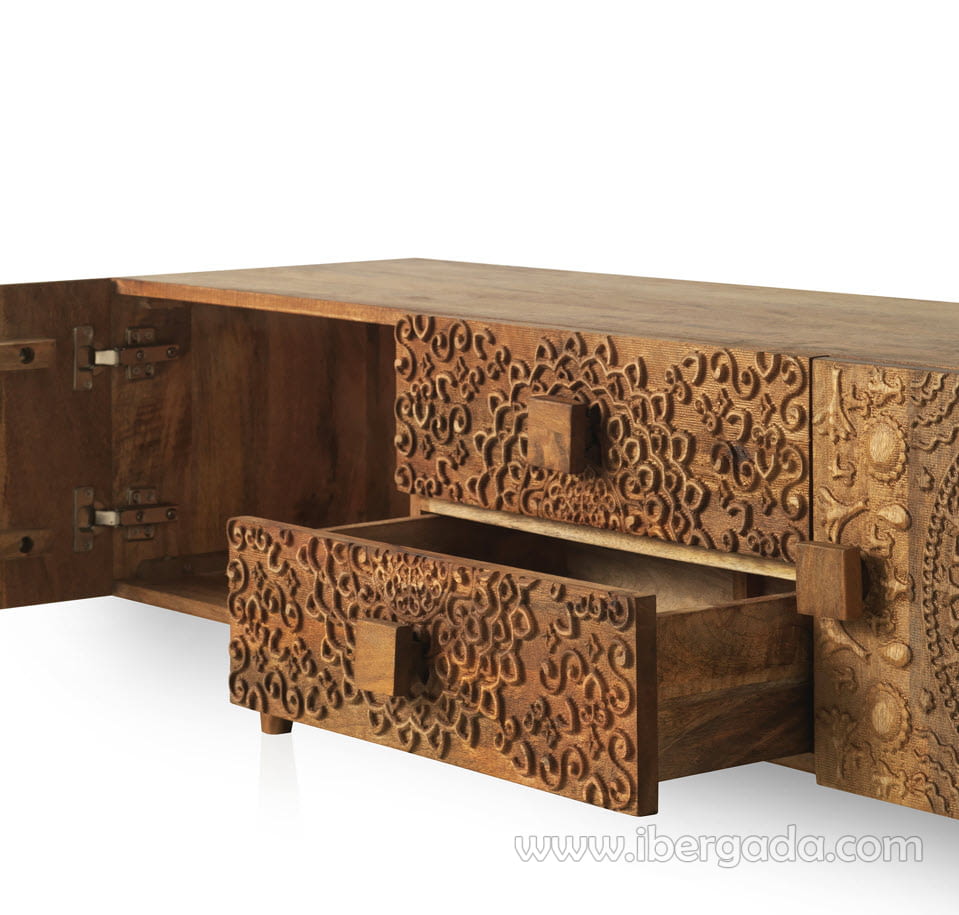 Mueble tv marrón con 2 cajones grandes y 1 pequeño de madera de