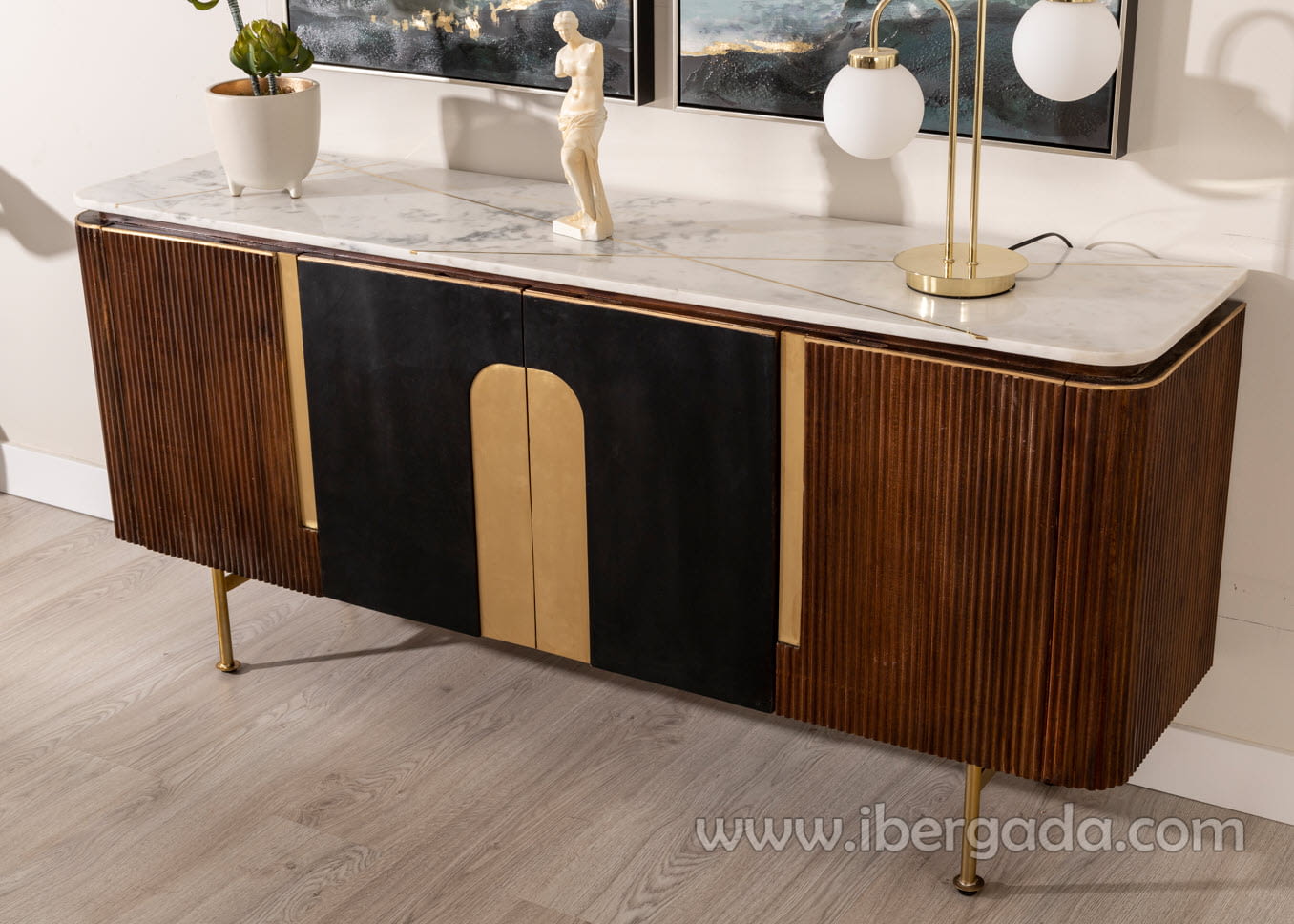 Aparador Ondas 4 puertas Marrón-Negro/Oro (160x40x72)-2
