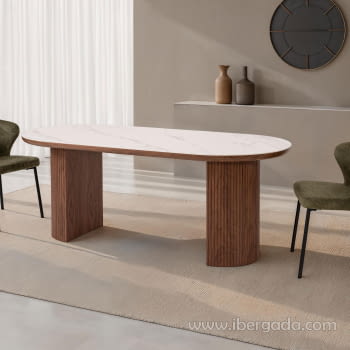 Mesa de Comedor Nogal/Porcelánico Ovalada (200x90)