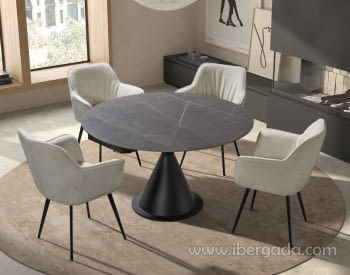 Mesa de Comedor Extensible Negra/Porcelánico (80-130x130)