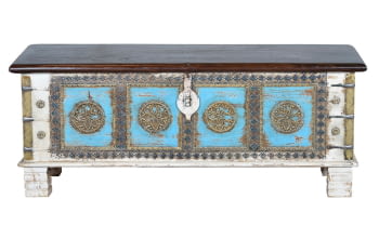 Baúl Madera Azul Rozado/Bronce (116x40x45)