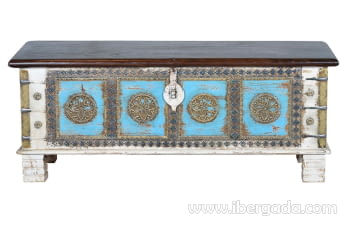Baúl Madera Azul Rozado/Bronce (116x40x45)