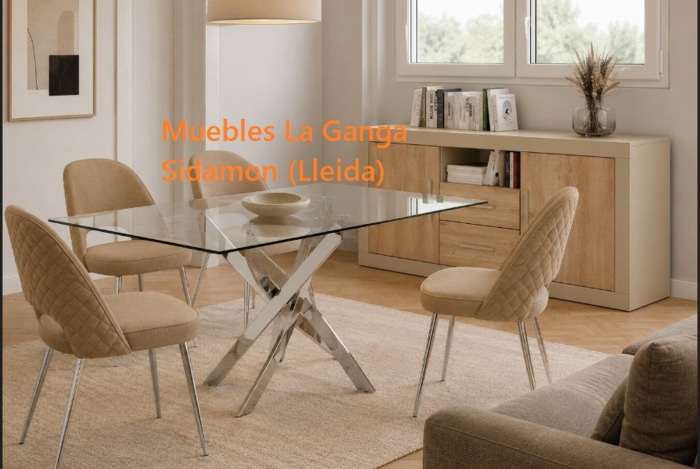 Mesa comedor fija de cristal y patas cromadas