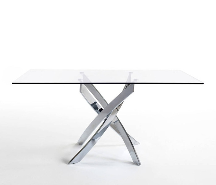 Mesa comedor fija de cristal y patas cromadas
