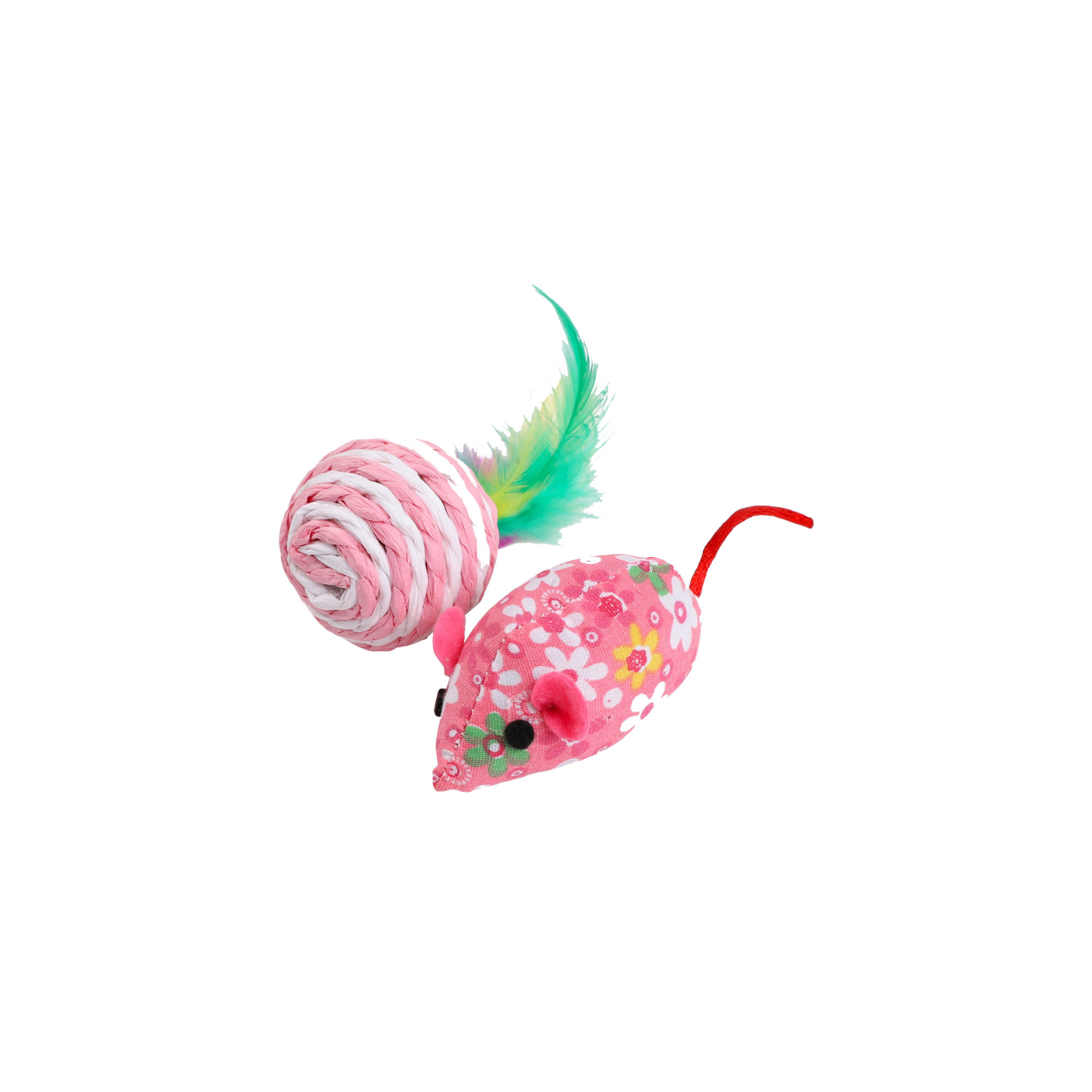 RATON CUERDA + PELOTA SISAL PLUMAS