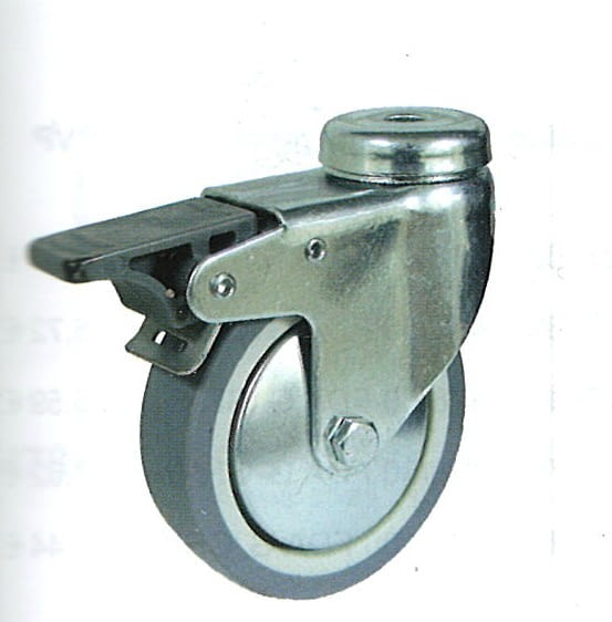 Rueda de goma gris termoplástica 80 mm, con freno y tornillo pasante AFO