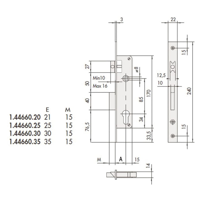 Cerradura embutir mod. 44660 llave y golpe CISA - 1
