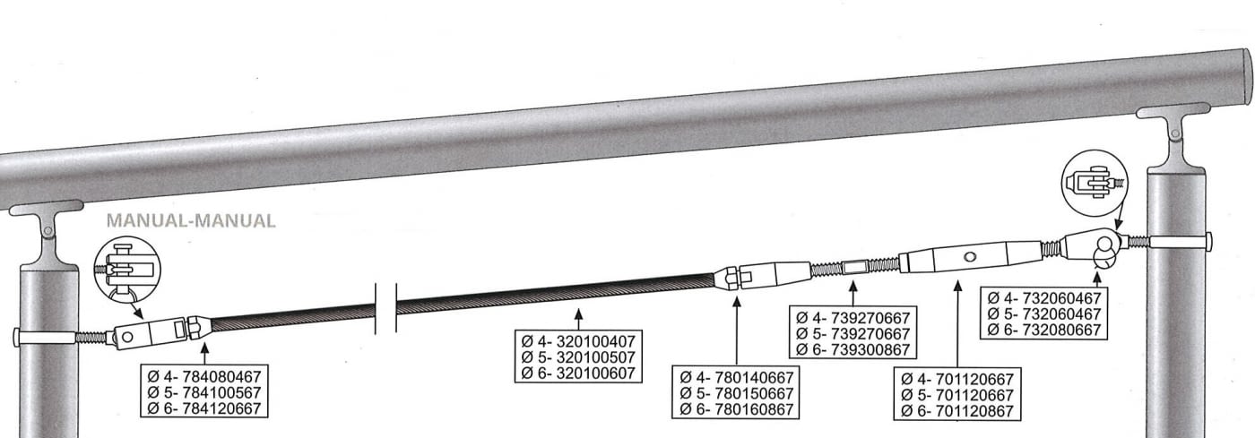 Kit 1 tramo para cable barandilla inox inclinada para poste de tubo