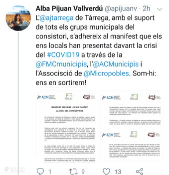 L’Ajuntament de Tàrrega s'afegeix al manifest unitari del municipalisme català #Aturemelcovid19