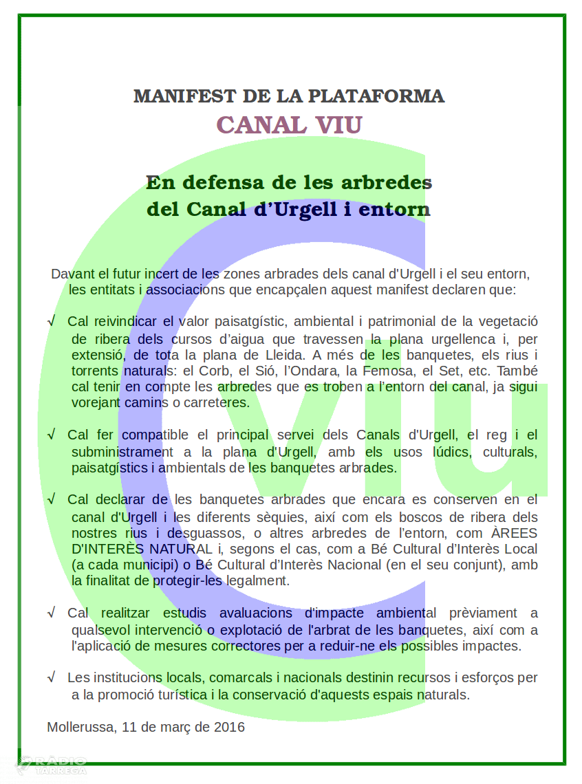 Tornabous s'adhereix al Manifest en Defensa de les Banquetes arbrades del Canal d'Urgell i entorn