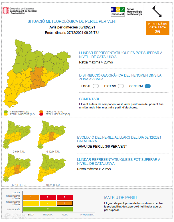 Protecció Civil de la Generalitat activa l'Alerta del pla VENTCAT per la previsió de fort vent a partir de la matinada