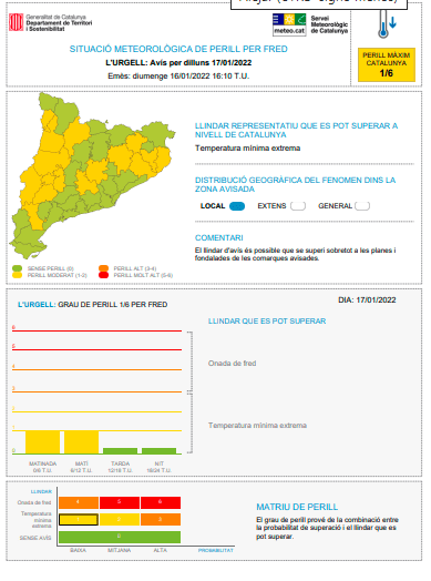 Protecció Civil allarga l'avís de risc per fred fins dimecres