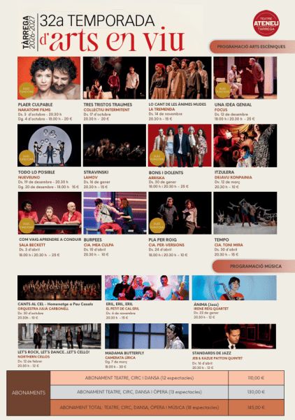 Tàrrega posa a la venda les entrades i els nous abonaments per a la 32a Temporada d'arts en viu