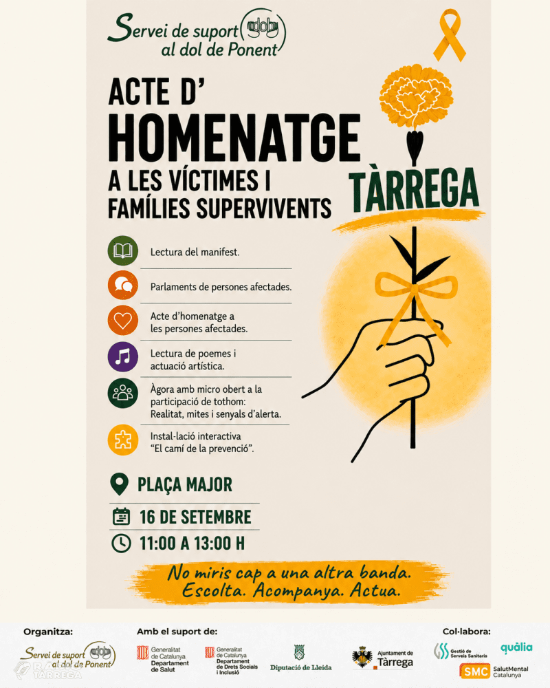 El Servei de Suport al Dol de Ponent acollirà una instal·lació participativa de prevenció del suïcidi aquest 16 de setembre a Tàrrega